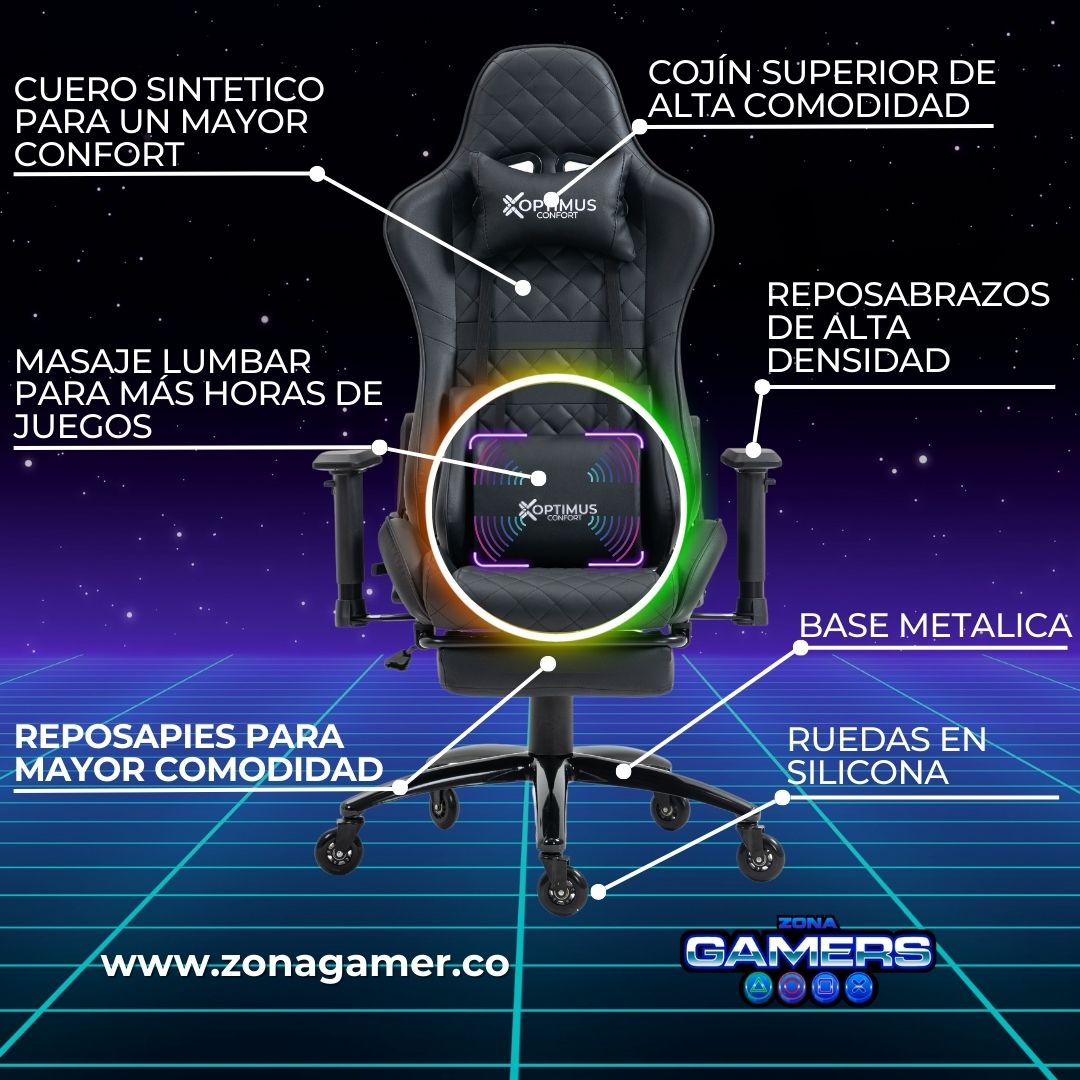 Silla Gamer ONE -1127F + masajeador lumbar con reposapiés incluido y ruedas en silicona