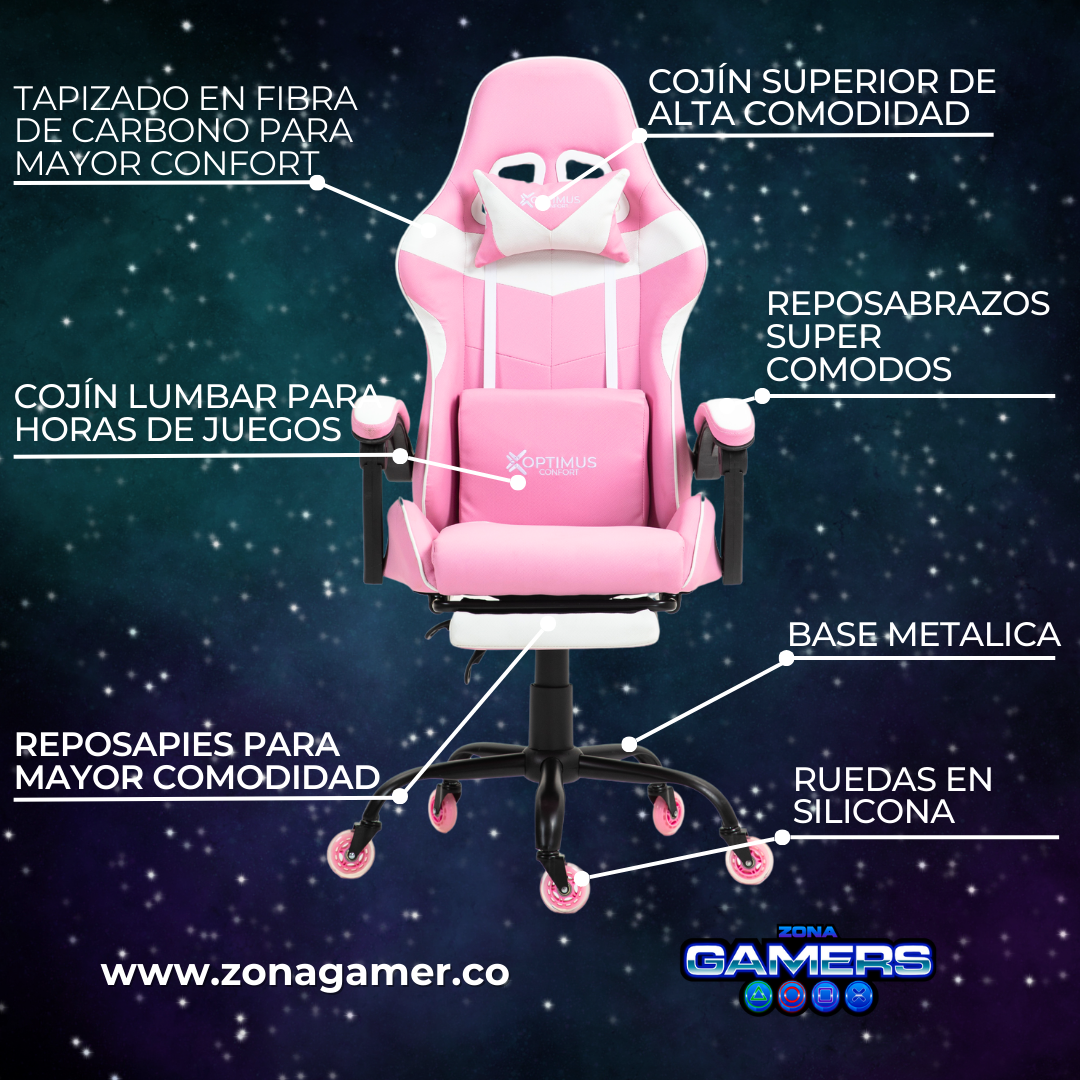 Silla Gamer AQ-1039F Pink con reposapiés y ruedas en silicona