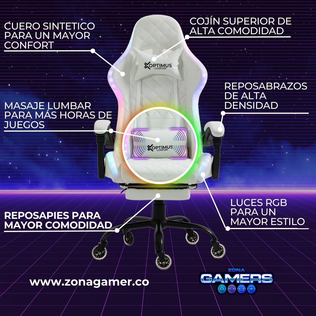 Silla Gamer Armor RGB White + masajeador lumbar con reposapiés incluido y ruedas en silicona