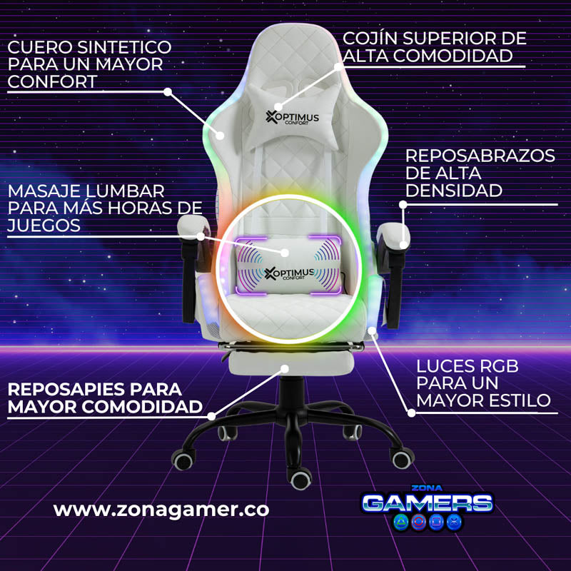 Silla Gamer Optimus Confort Armor RGB White con masajeador lumbar y reposapiés incluido