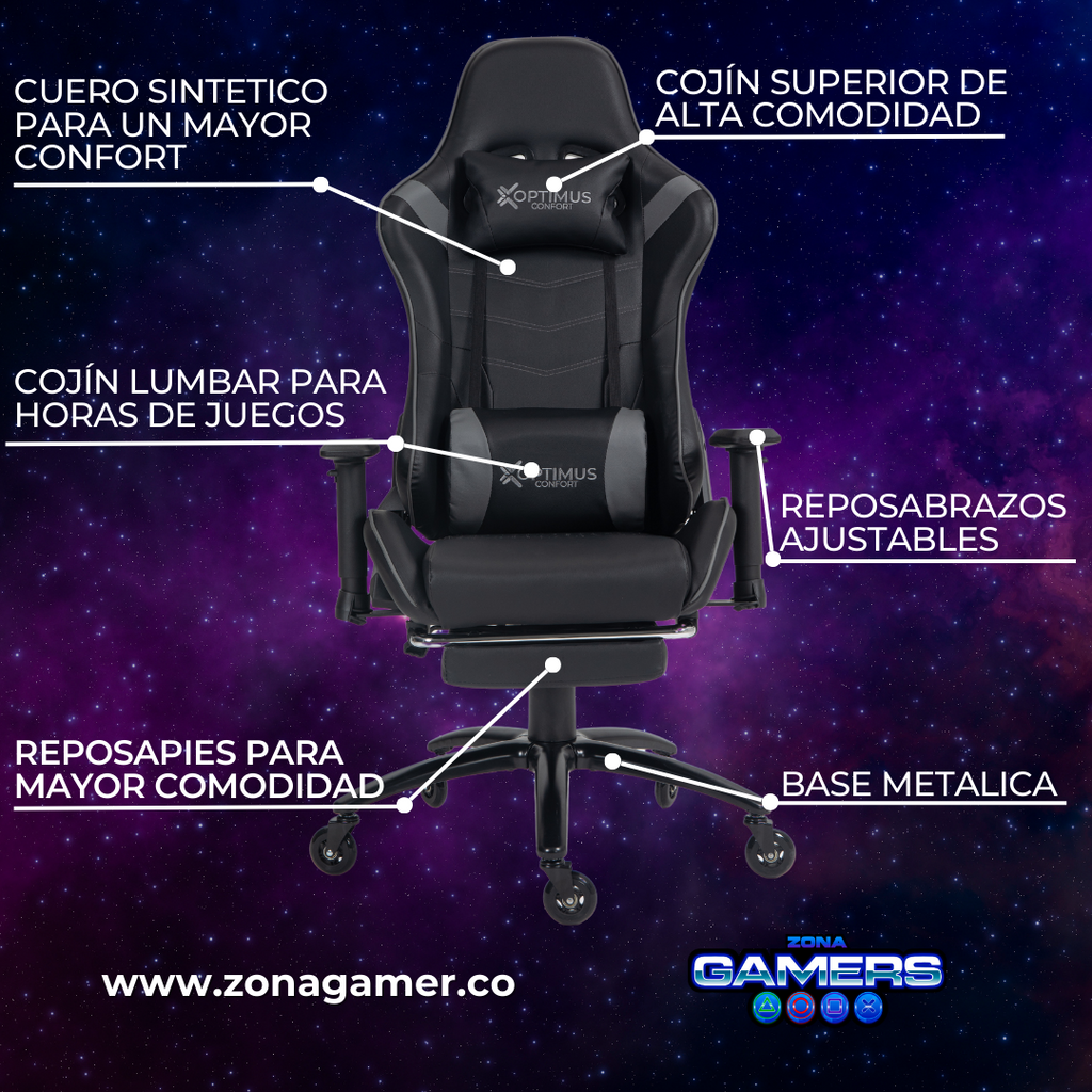 Silla gamer E-1127F Gray + reposapiés y ruedas en silicona