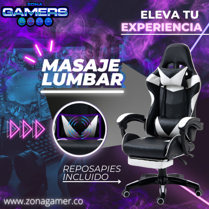 Silla Gamer AQ-1039F White con Masajeador Lumbar y Reposapies incluido