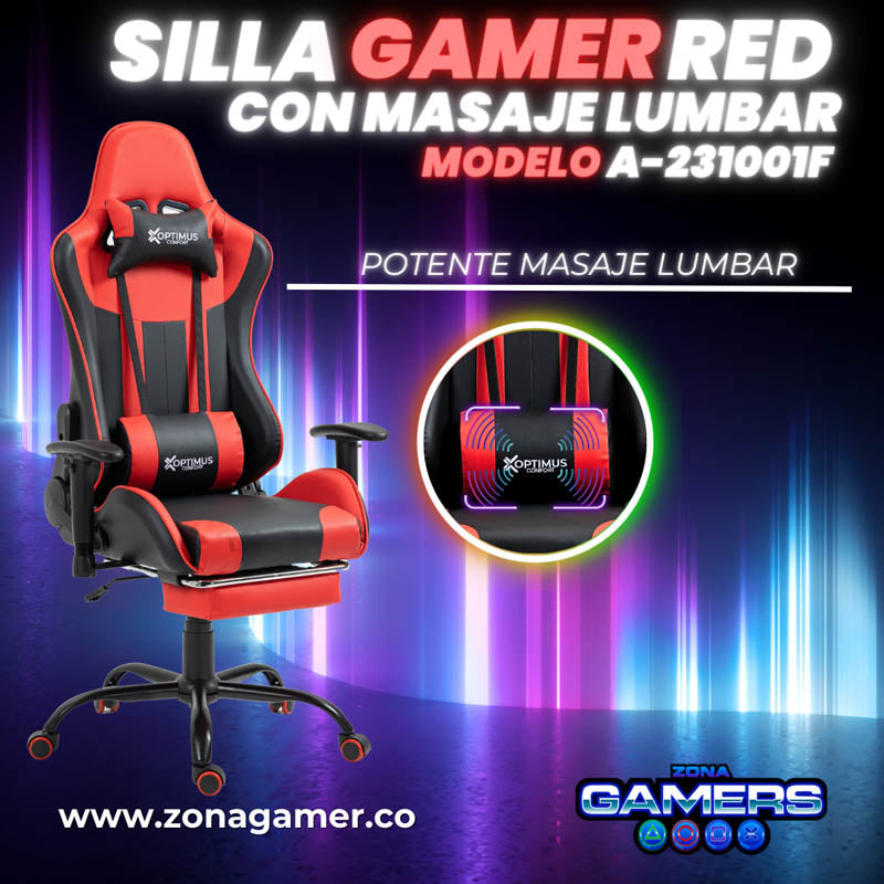 Silla Gamer A231001F Red  con masajeador lumbar y reposapies incluido