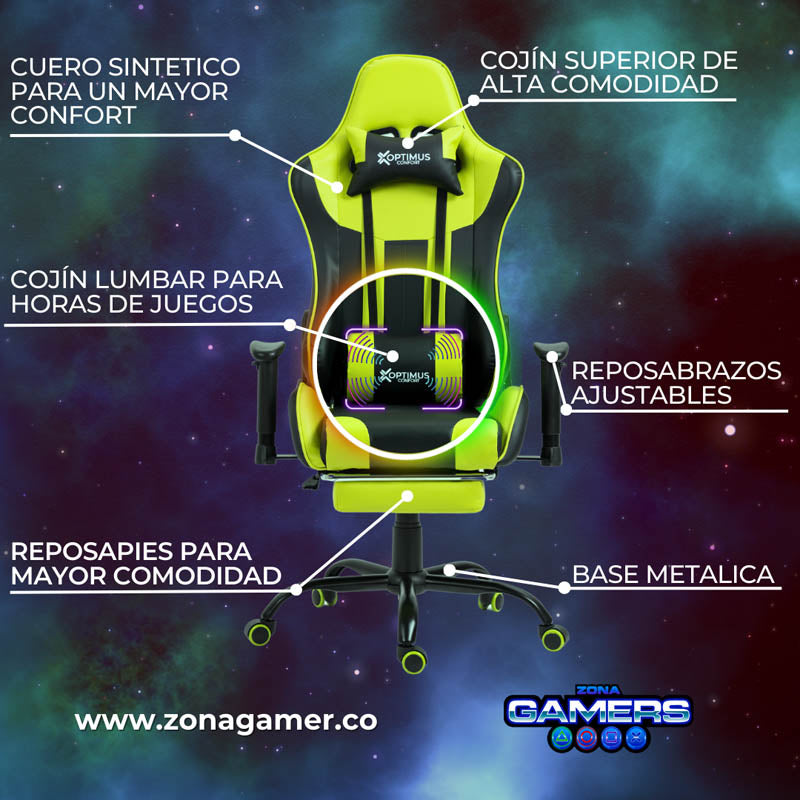 Silla Gamer A231001F Apple Green con masajeador lumbar y reposapies incluido