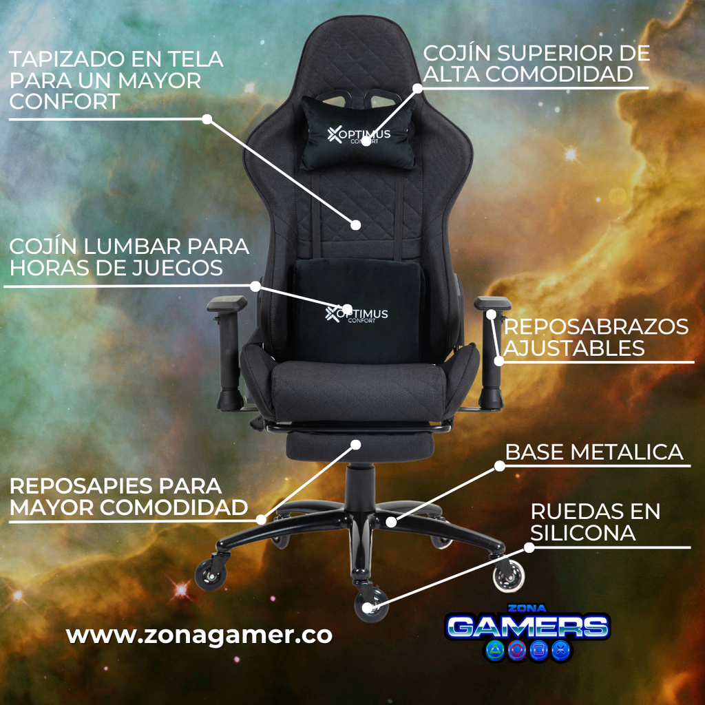 Silla Gamer ARMOR-1127F Black, tapizada en tela con reposapiés y ruedas en silicona