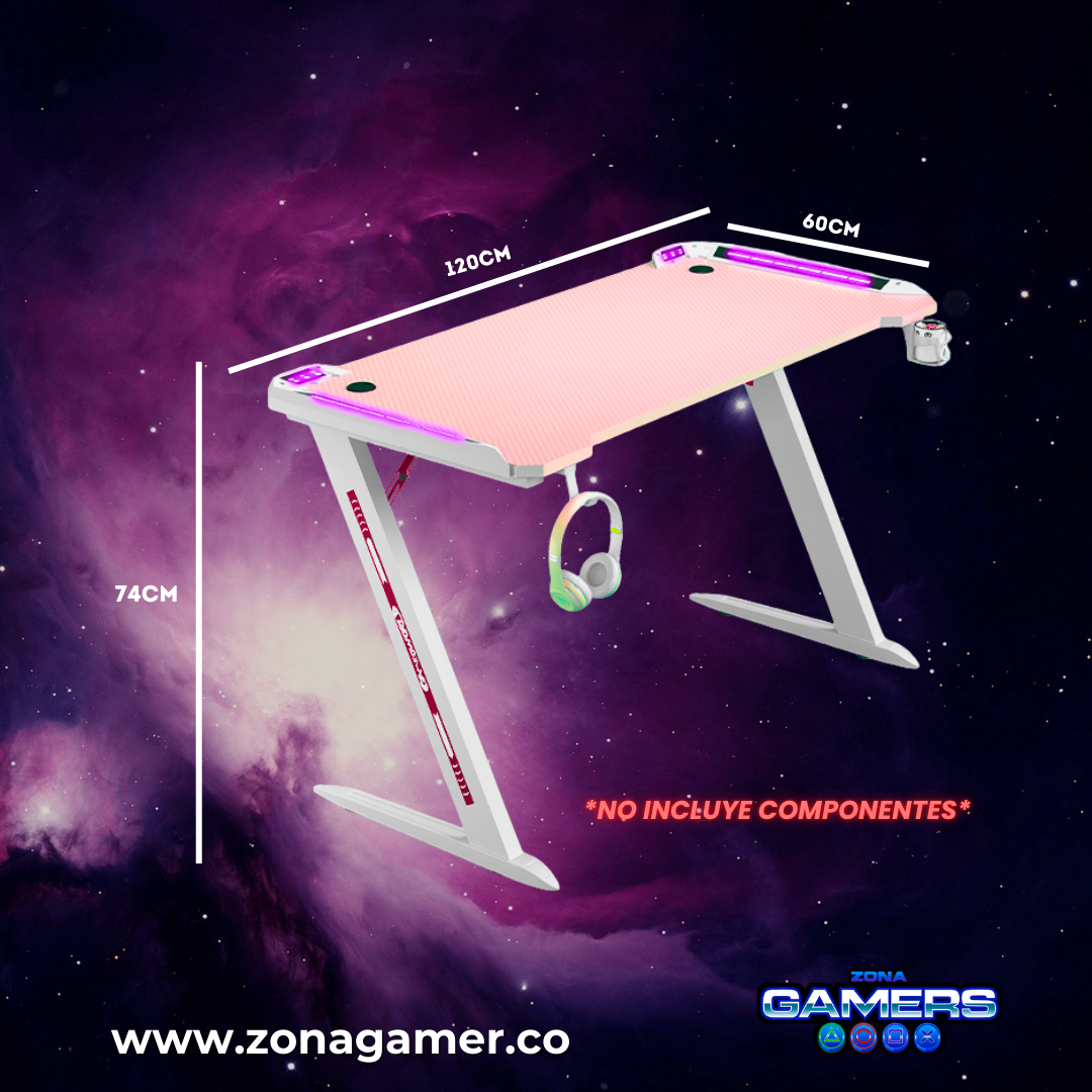 Escritorio Gamer D-2112 Color blanco con rosa con luces RGB