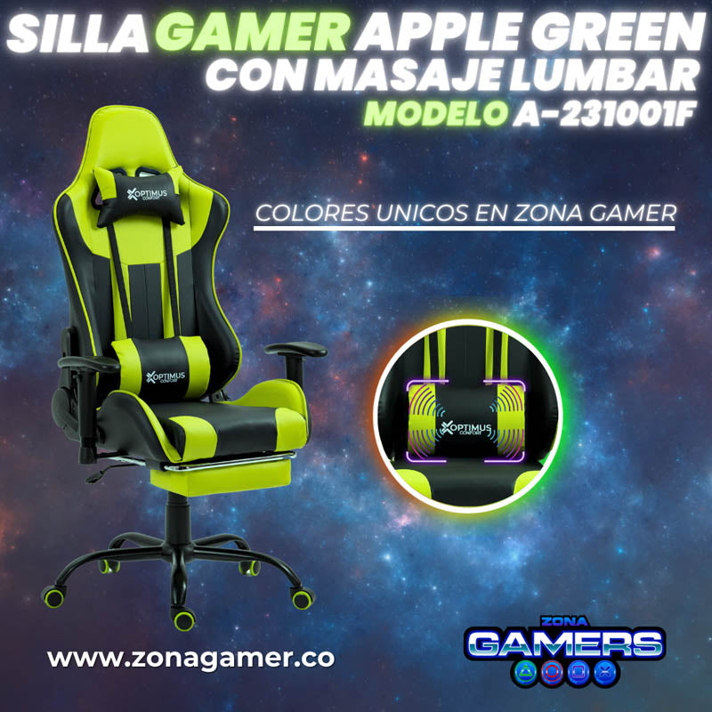 Silla Gamer A231001F Apple Green con masajeador lumbar y reposapies incluido