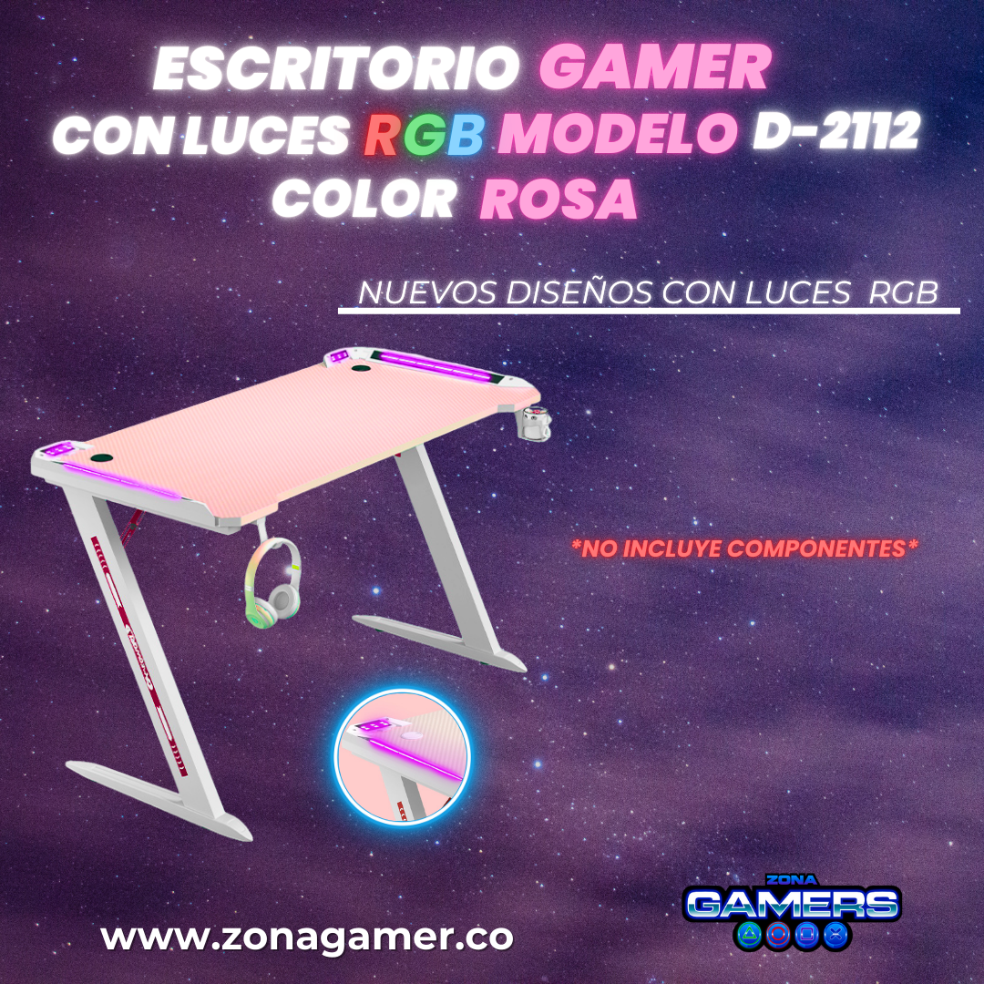 Escritorio Gamer D-2112 Color blanco con rosa con luces RGB