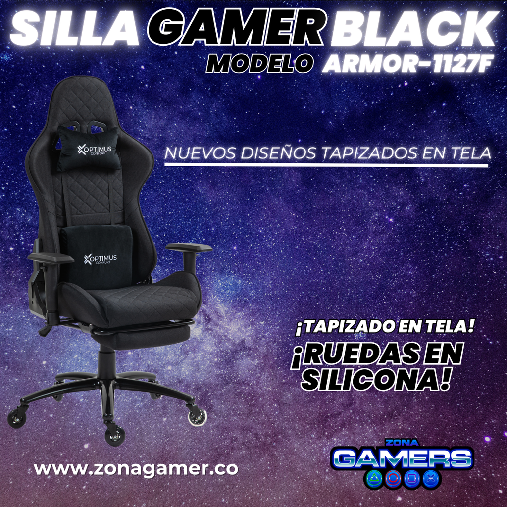 Silla Gamer ARMOR-1127F Black, tapizada en tela con reposapiés y ruedas en silicona