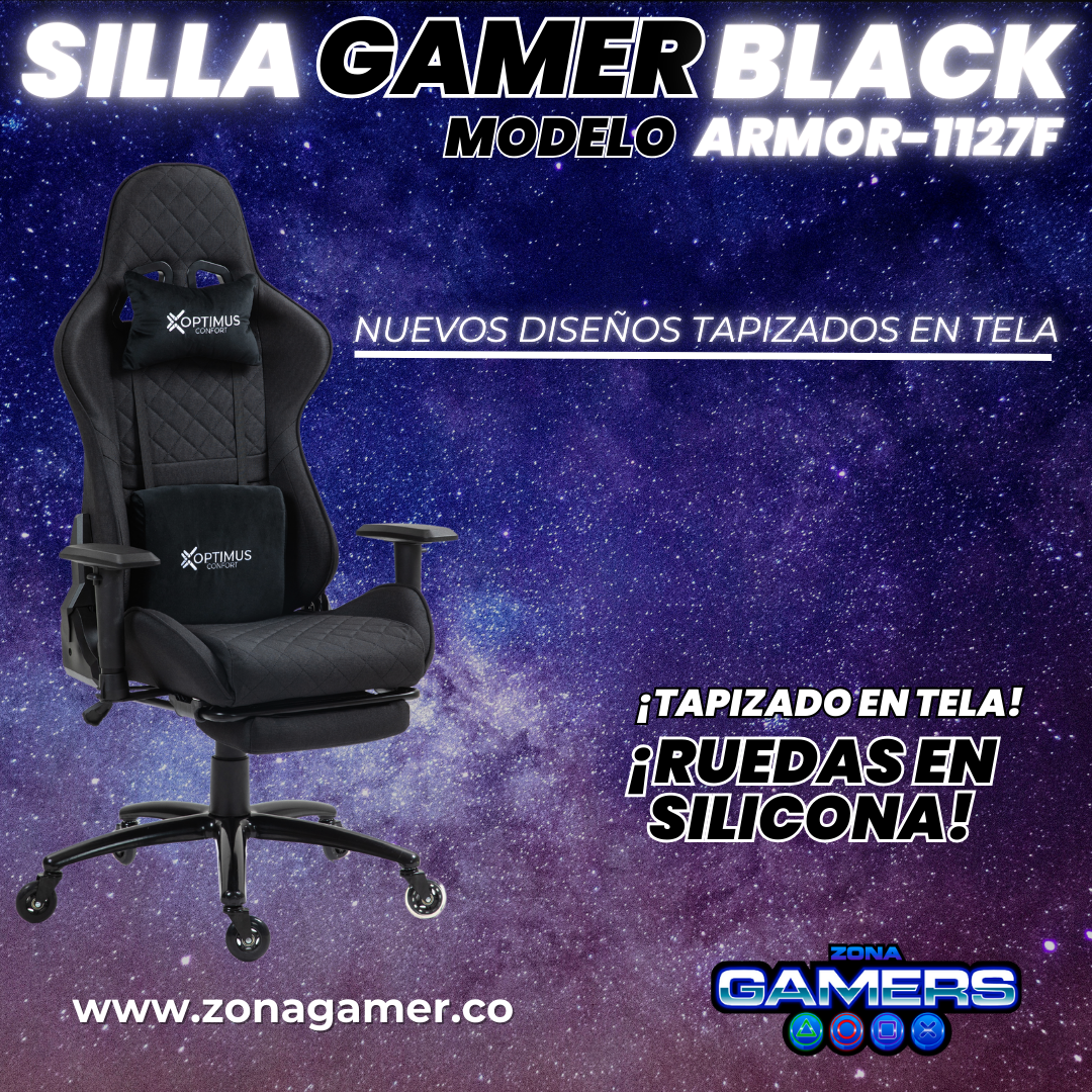 Silla Gamer ARMOR-1127F Black, tapizada en tela con reposapiés y ruedas en silicona