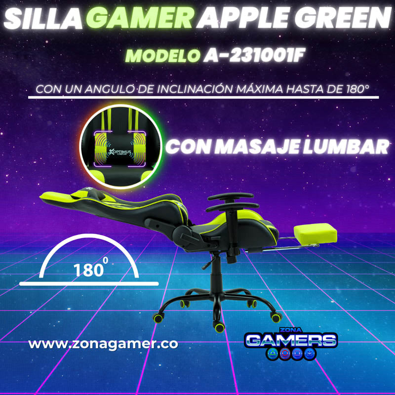 Silla Gamer A231001F Apple Green con masajeador lumbar y reposapies incluido
