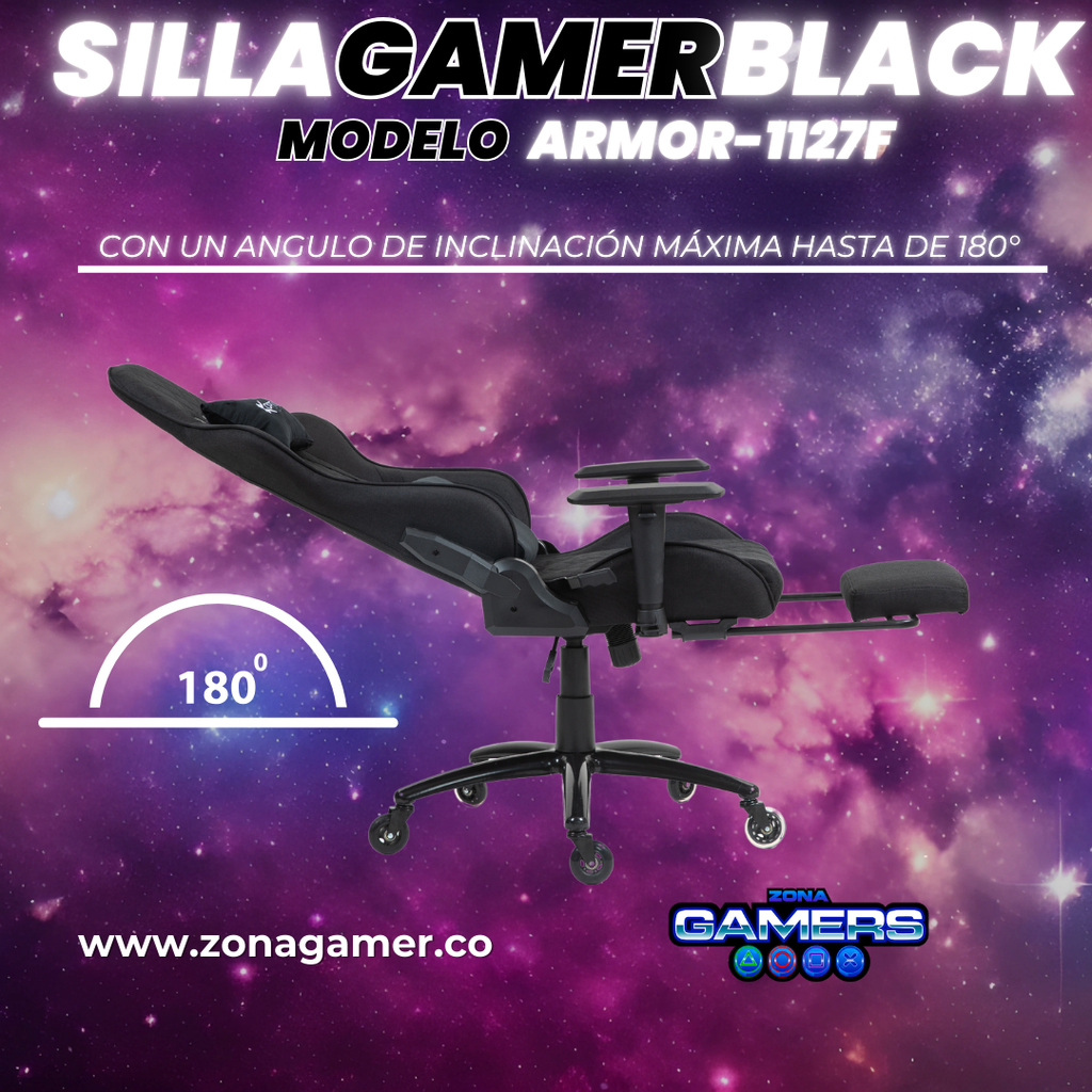 Silla Gamer ARMOR-1127F Black, tapizada en tela con reposapiés y ruedas en silicona