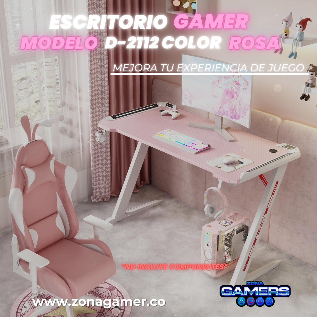 Escritorio Gamer D-2112 Color blanco con rosa con luces RGB