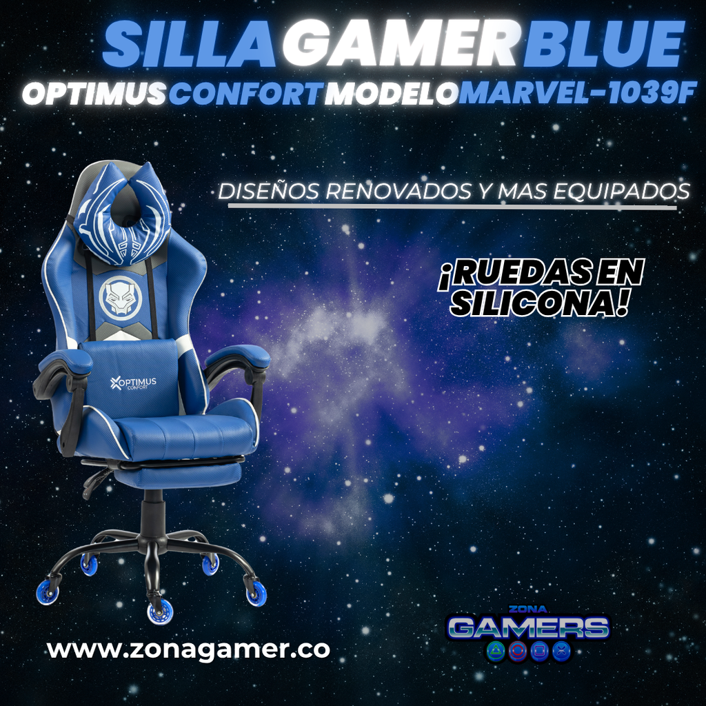 Silla Gamer Marvel-1039F Blue con reposapiés y ruedas en silicona.