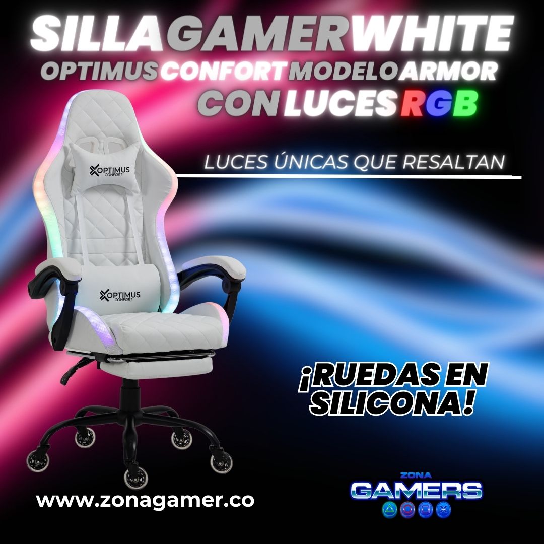 Silla gamer Armor White con luces RGB + reposapies y ruedas en silicona