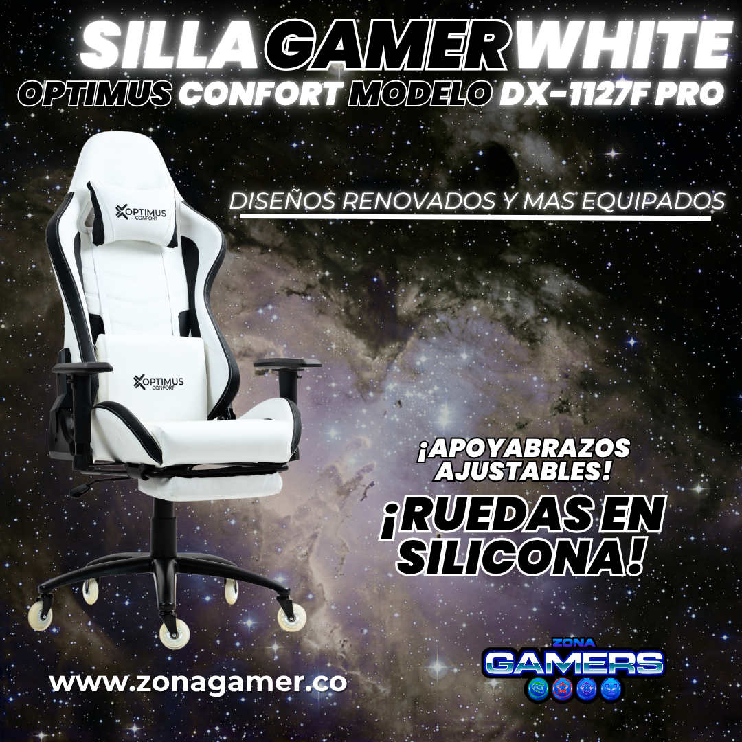Silla Gamer DX-1127F PRO White con reposapiés y ruedas en silicona