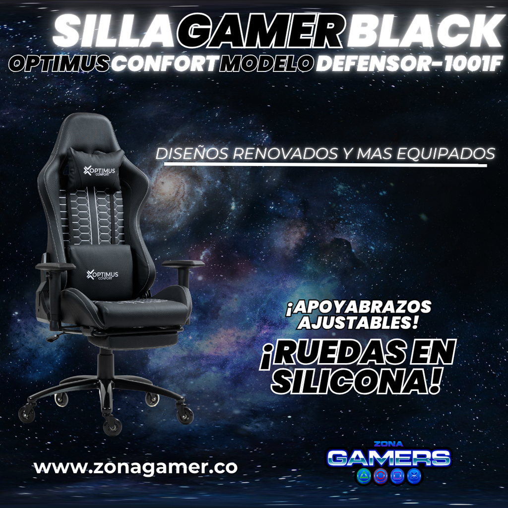 Silla Gamer Defensor-1001F Black con reposapiés y ruedas en silicona
