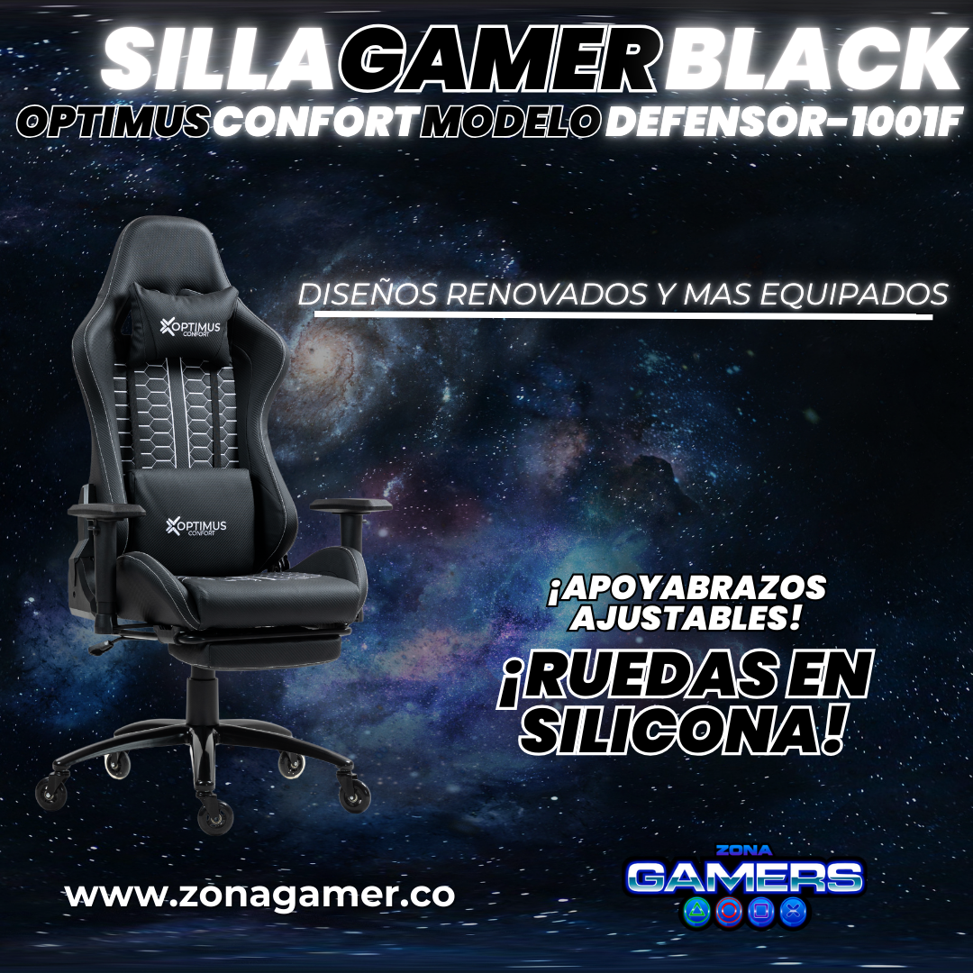 Silla Gamer Defensor-1001F Black con reposapiés y ruedas en silicona
