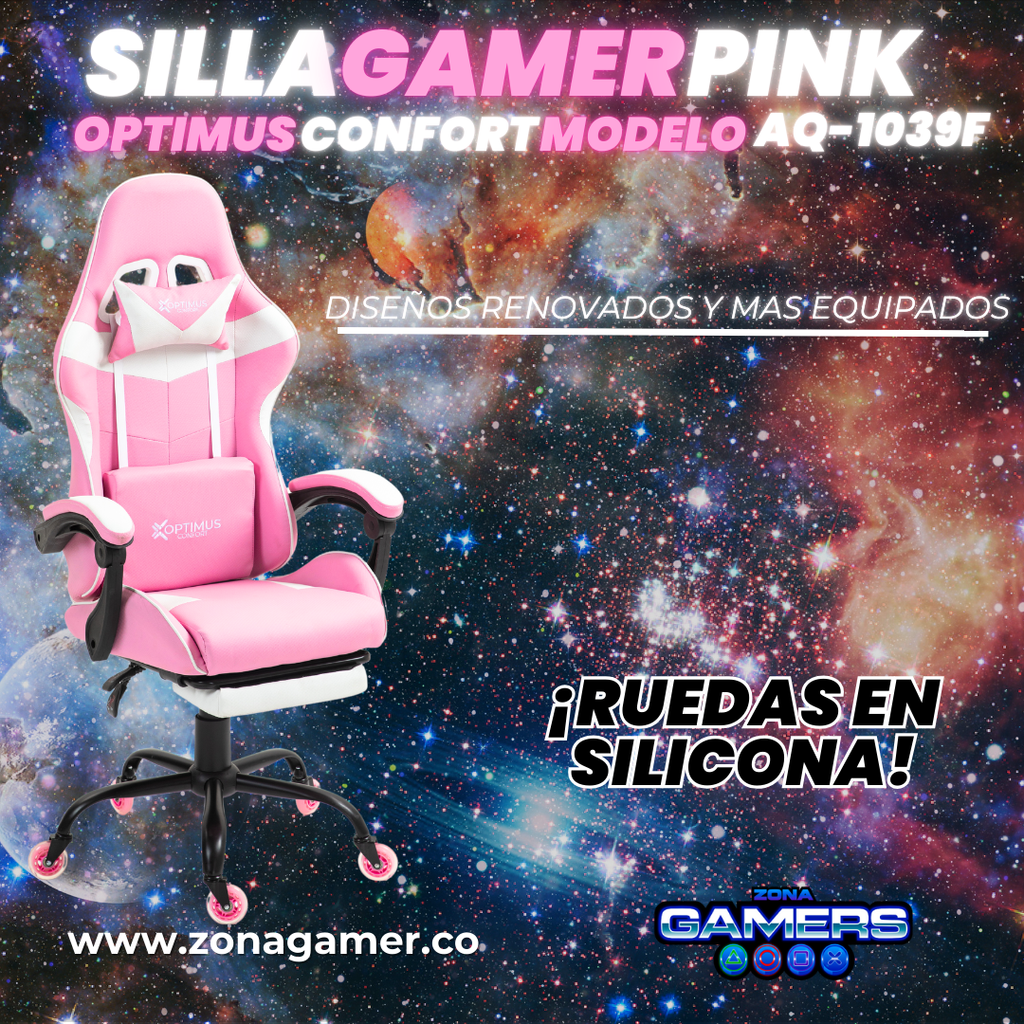 Silla Gamer AQ-1039F Pink con reposapiés y ruedas en silicona