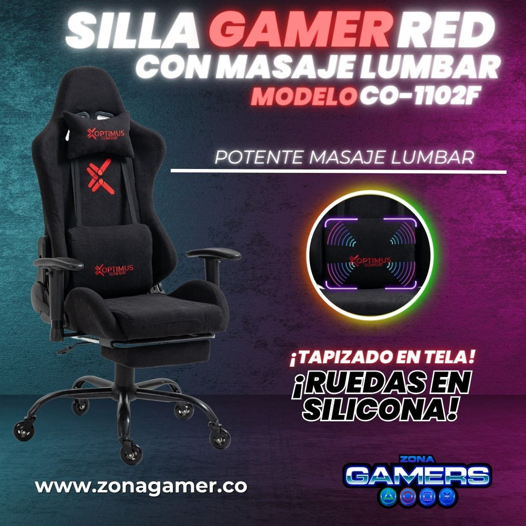 Silla Gamer Red + masajeador lumbar, tapizada en tela con reposapiés y ruedas en silicona