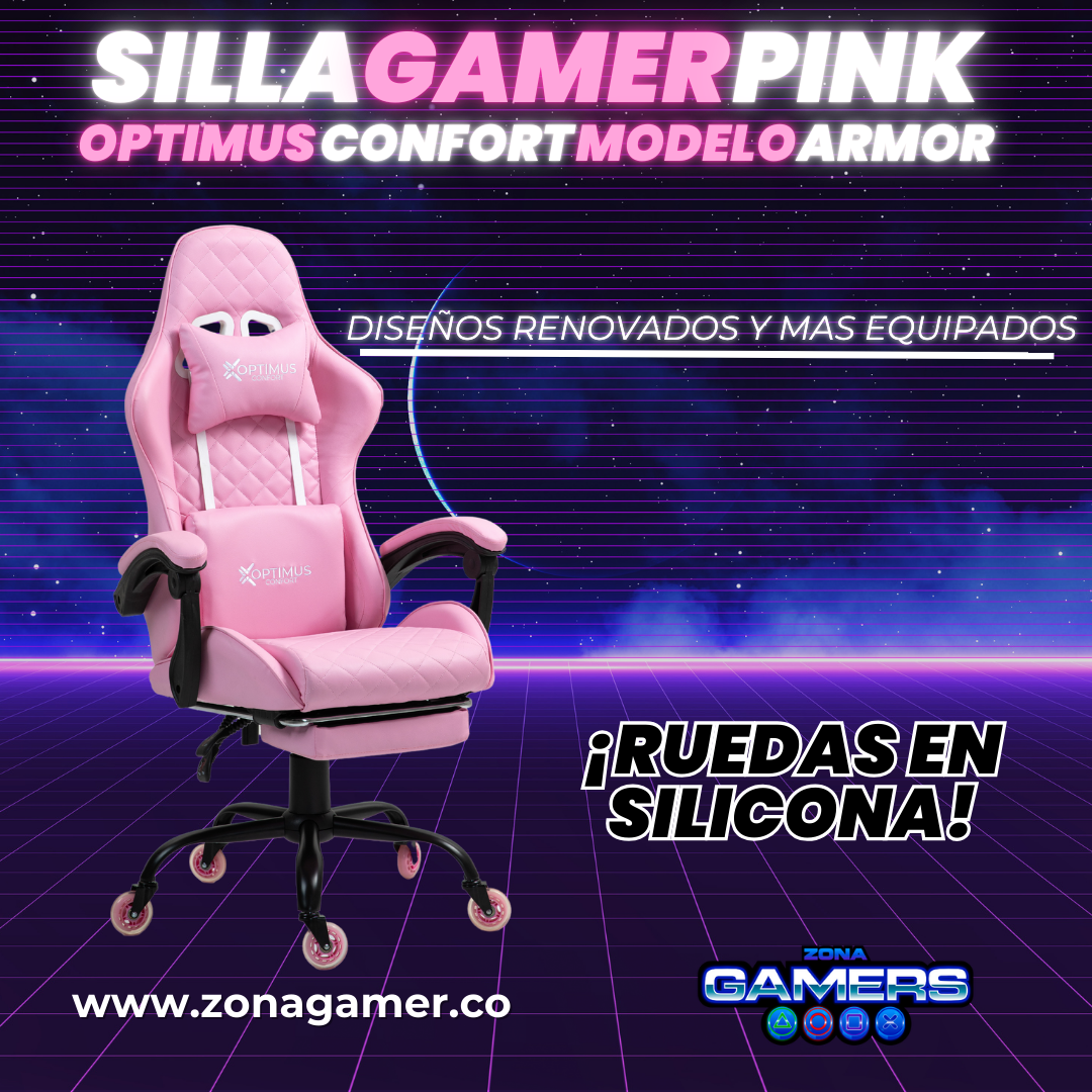 Silla Gamer ARMOR-1127F Pink con reposapiés y ruedas en silicona