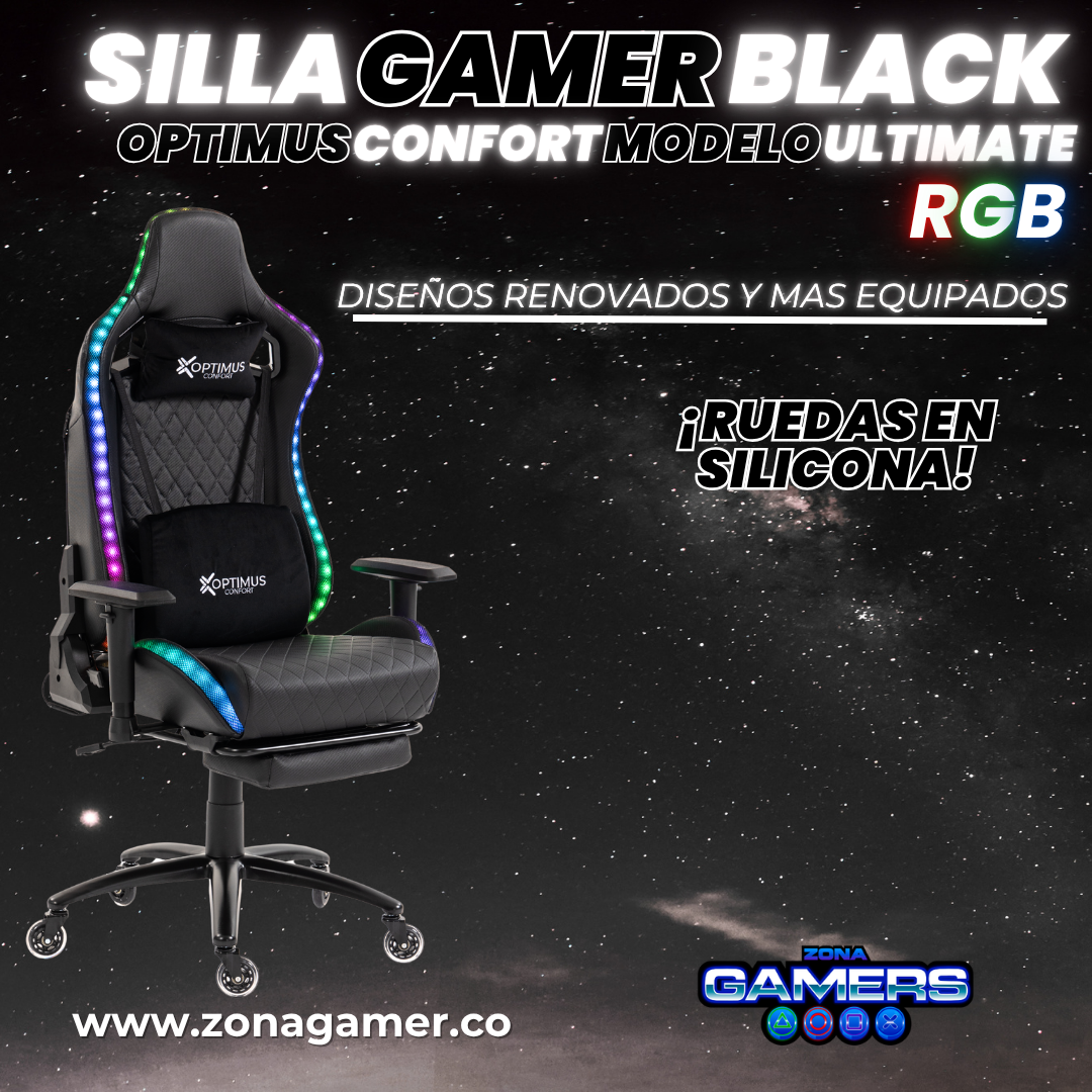 Silla gamer ULTIMATE Black con luces RGB + reposapiés y ruedas en silicona