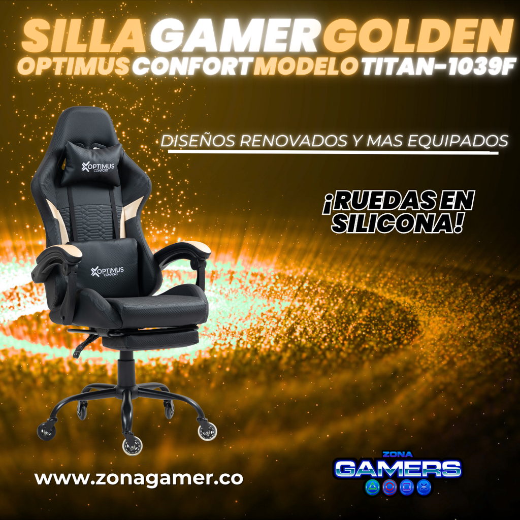 Silla Gamer Titan-1039F Golden con reposapiés y ruedas en silicona