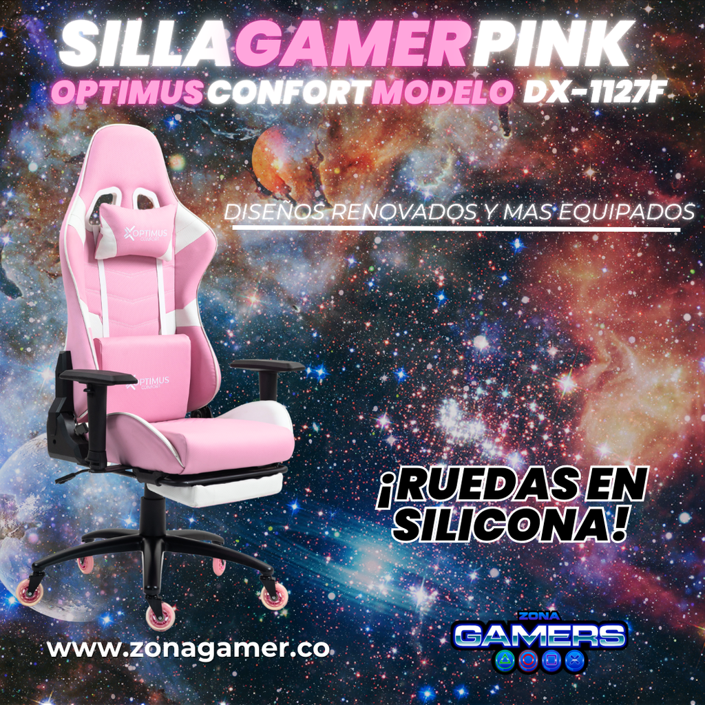 Silla Gamer DX-1127F Pink con reposapiés y ruedas en silicona