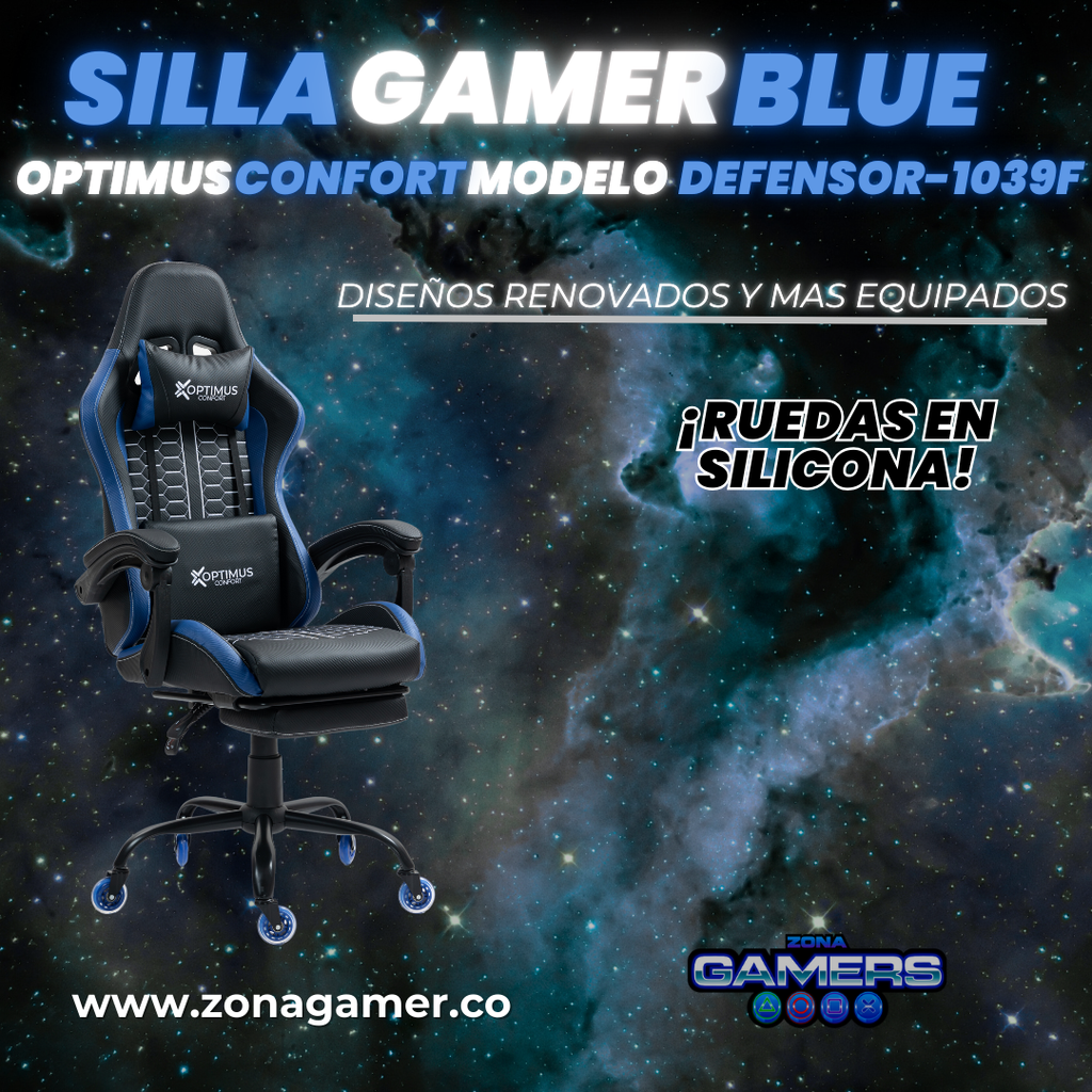 Silla Gamer Defensor-1039F Blue con reposapiés y ruedas en silicona