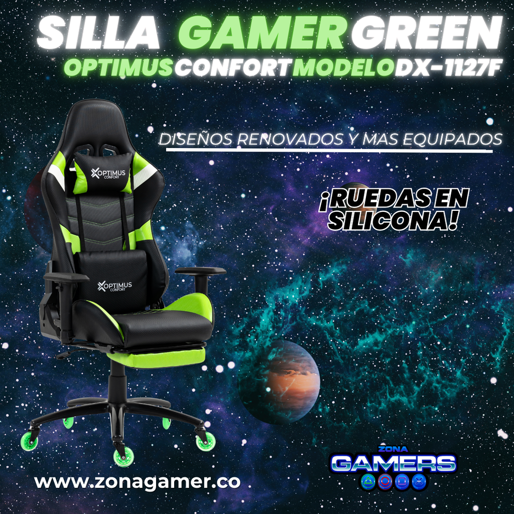 Silla Gamer DX-1127F Green con reposapiés y ruedas en silicona