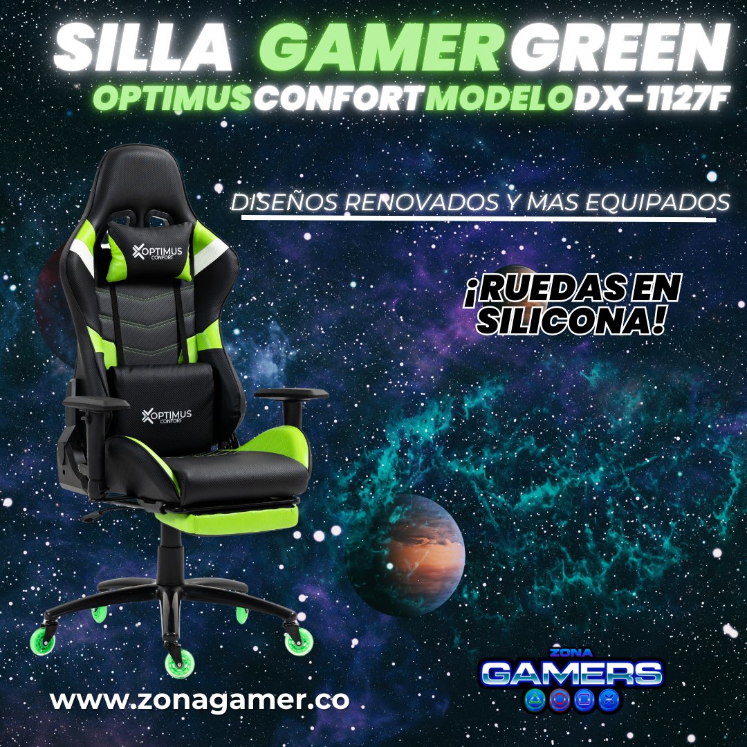 Silla Gamer DX-1127F Green con reposapiés y ruedas en silicona