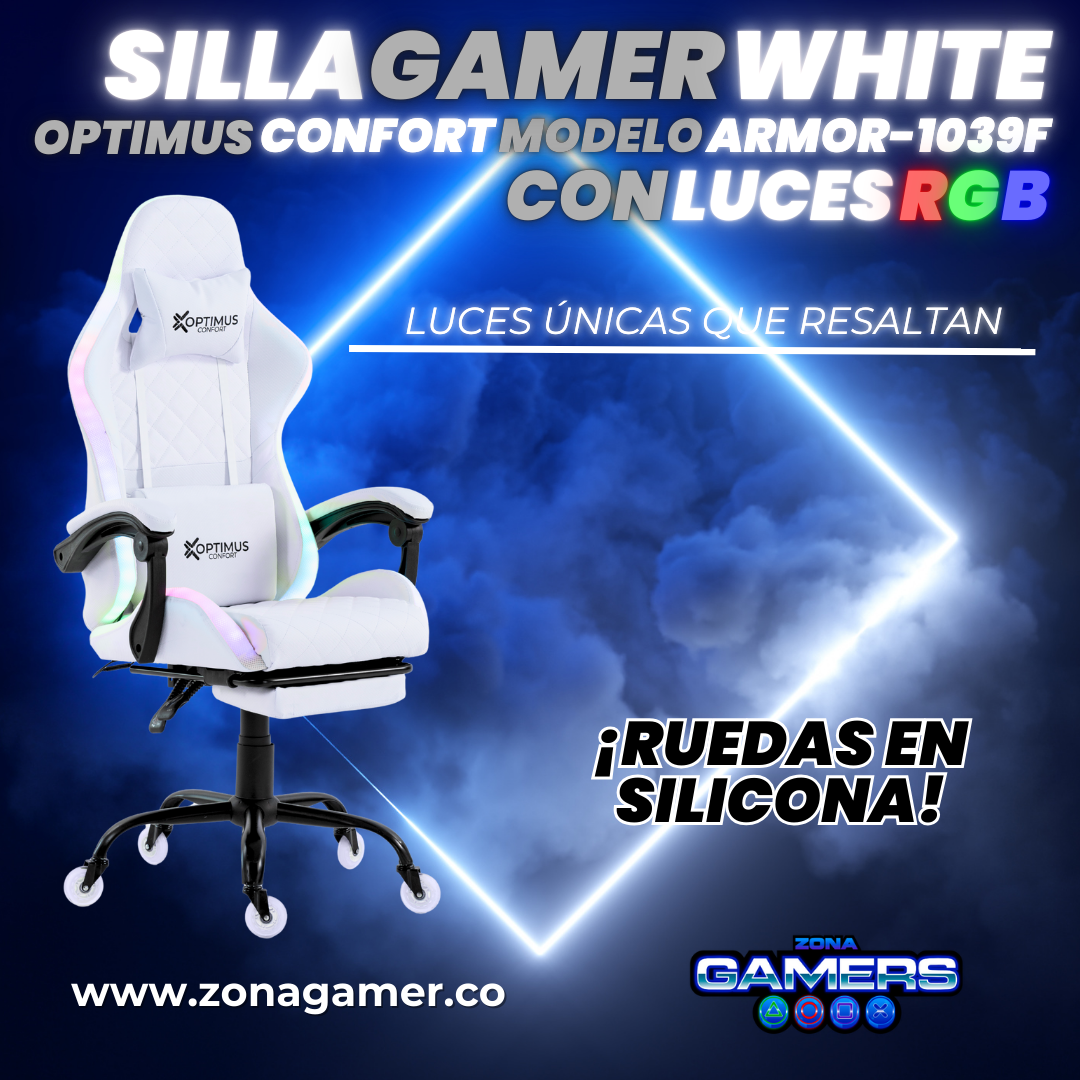 Silla gamer ARMOR-1039F White con luces RGB + reposapiés y ruedas en silicona