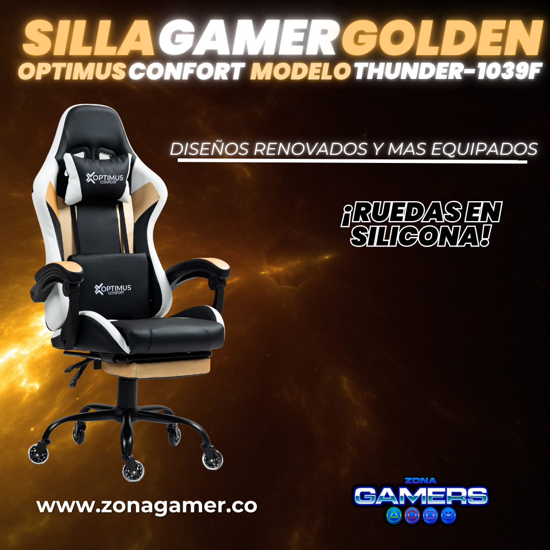 Silla Gamer Thunder-1039F Golden con reposapiés y ruedas en silicona