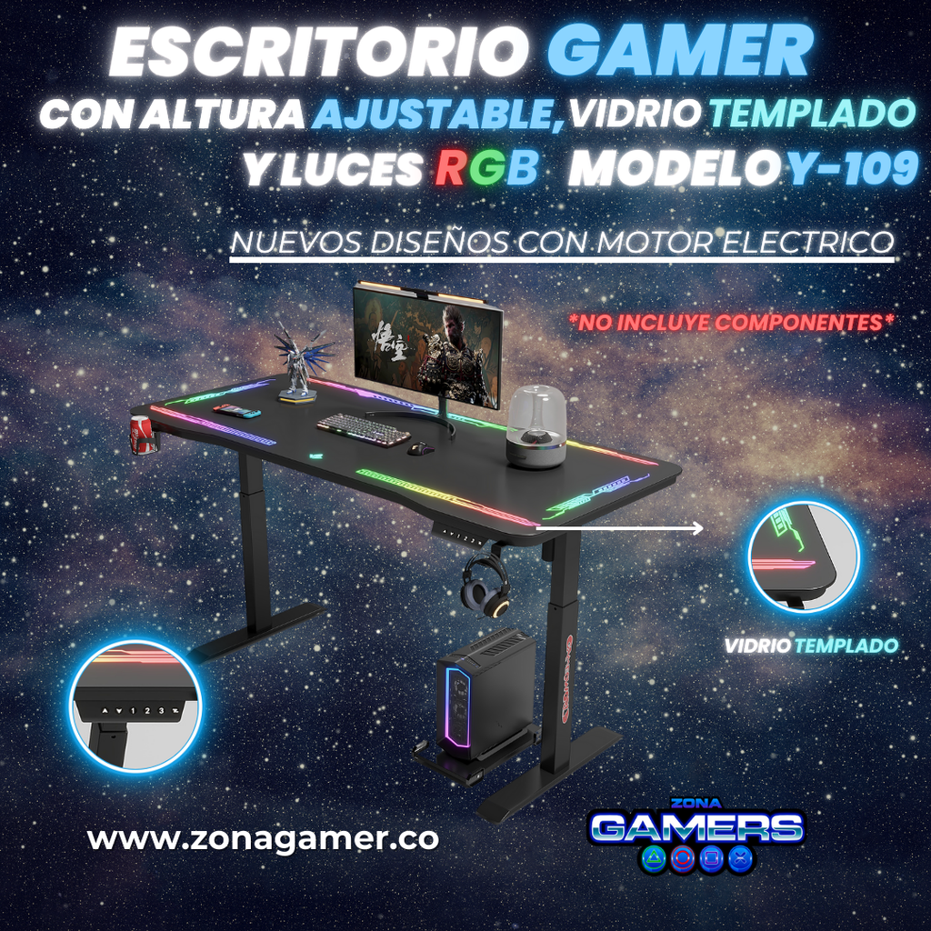 Escritorio Gamer Y-109, Con motor eléctrico, vidrio templado y luces RGB