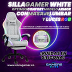 Silla Gamer Armor RGB White + masajeador lumbar con reposapiés incluido y ruedas en silicona