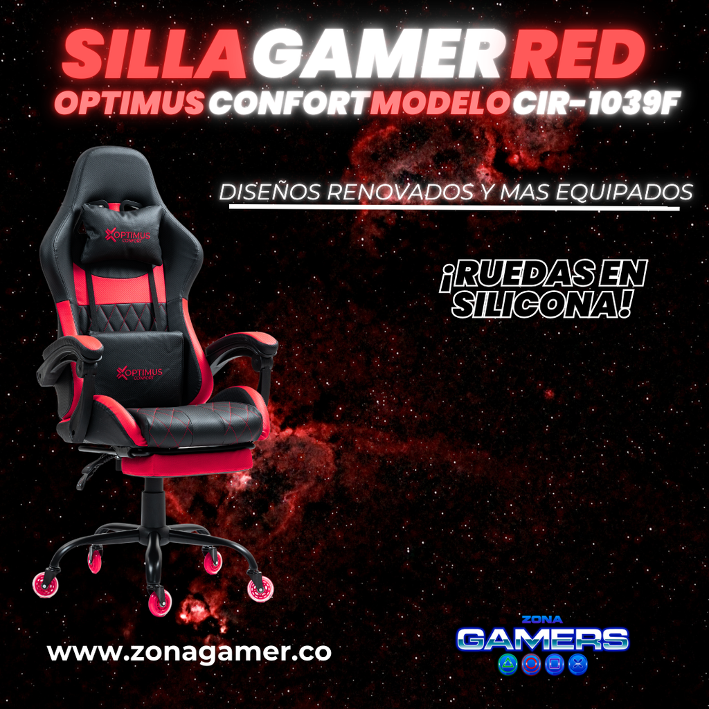 Silla Gamer CIR-1039F Red con reposapiés y ruedas en silicona