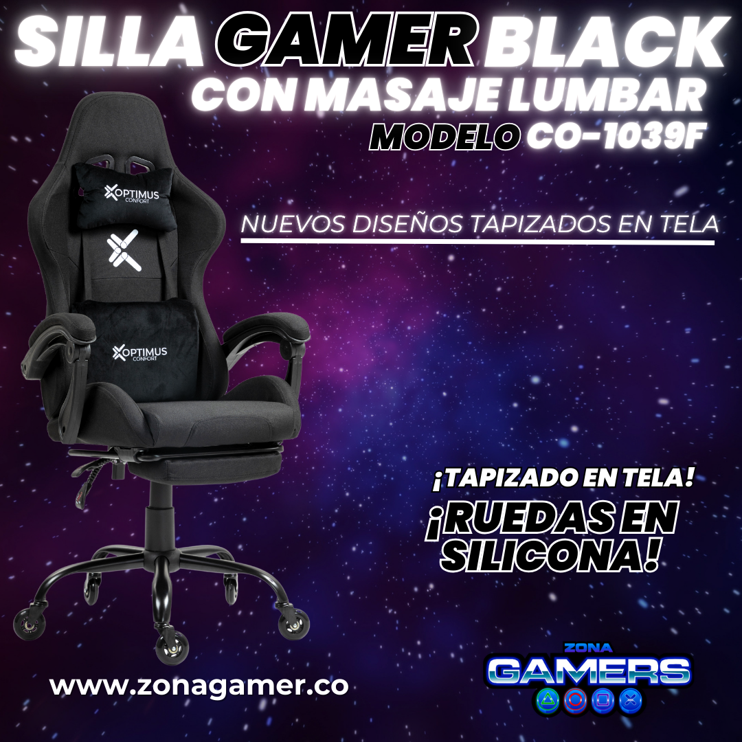 Silla Gamer CO-1039F Negra, con tapizado en tela, reposapiés y ruedas en silicona