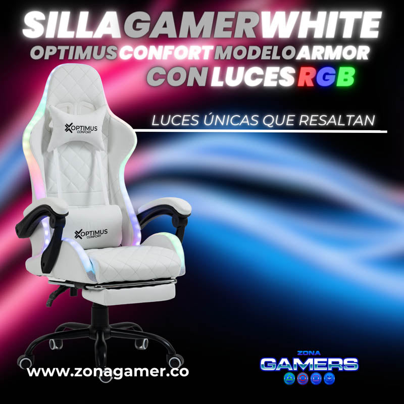 Silla gamer Optimus Confort modelo Armor White con luces RGB