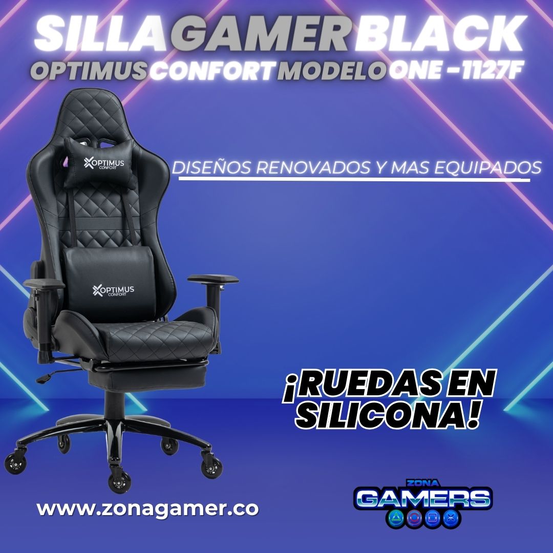 Silla gamer ONE -1127F Black + reposapiés y ruedas en silicona
