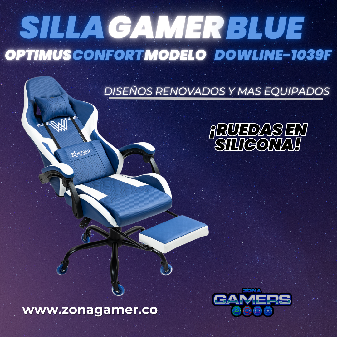 Silla Gamer DOWLINE-1039F Blue con reposapiés y ruedas en silicona