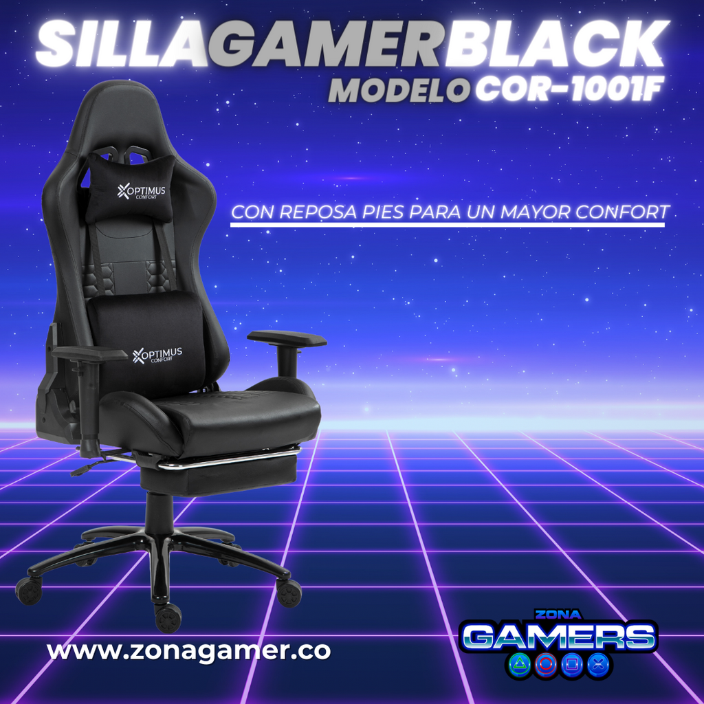 Silla Gamer COR-1001F Black con reposapiés