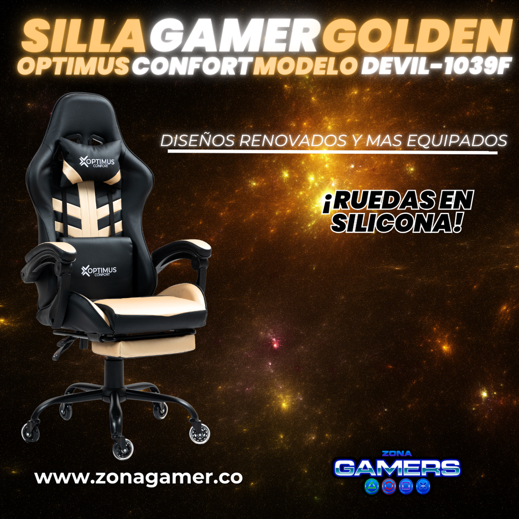 Silla Gamer Devil-1039F Golden con reposapiés y ruedas en silicona