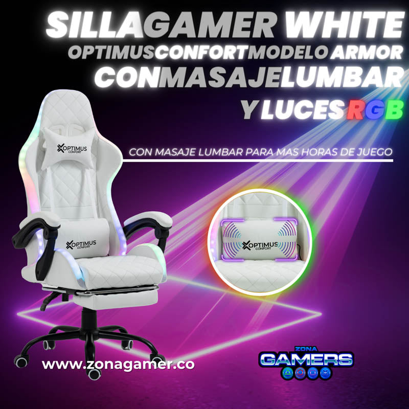Silla Gamer Optimus Confort Armor RGB White con masajeador lumbar y reposapiés incluido