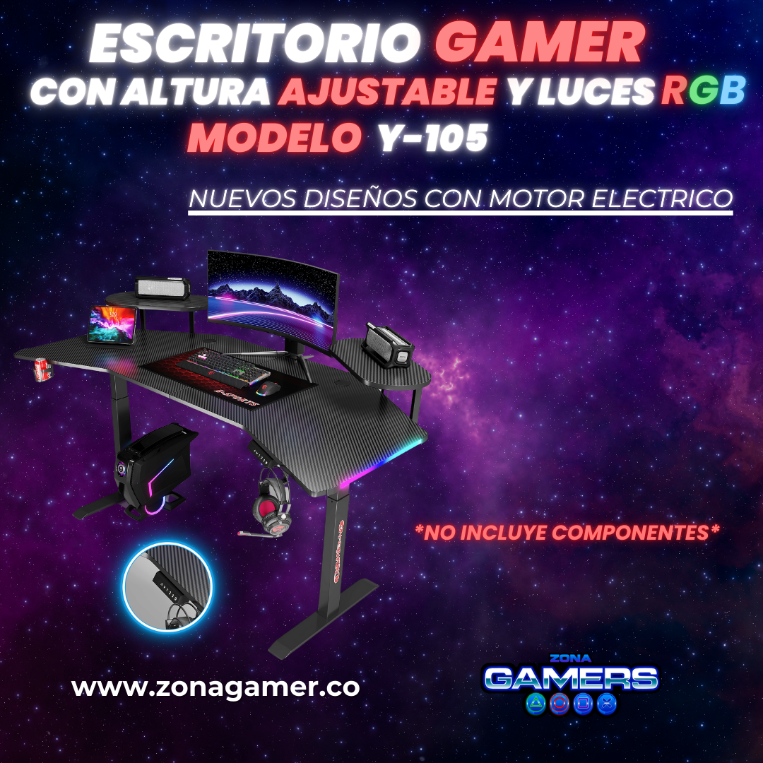 Escritorio Gamer Y-105, Con motor eléctrico y luces RGB