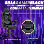 Silla Gamer ARMOR-1039F Black + masajeador lumbar con reposapiés y ruedas en silicona
