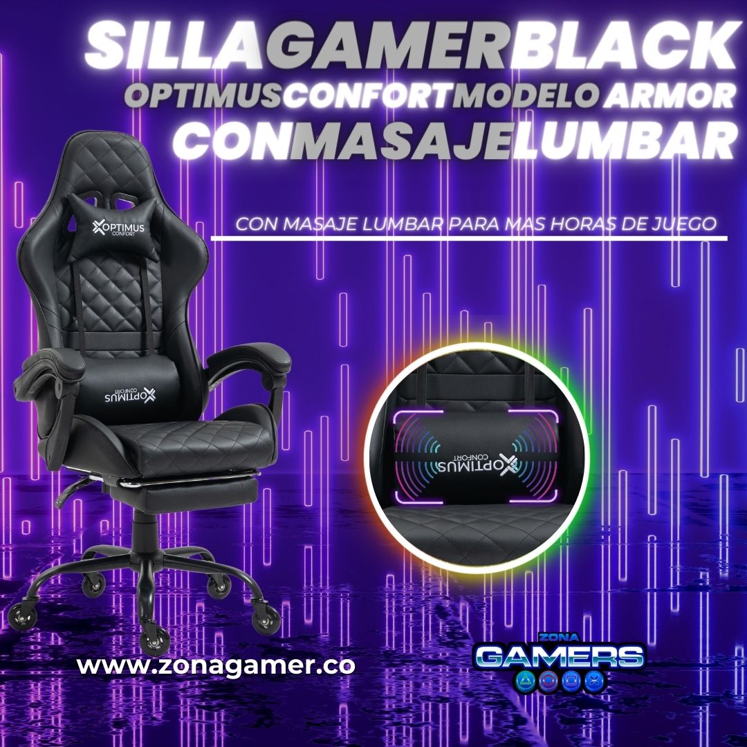 Silla Gamer ARMOR-1039F Black + masajeador lumbar con reposapiés y ruedas en silicona