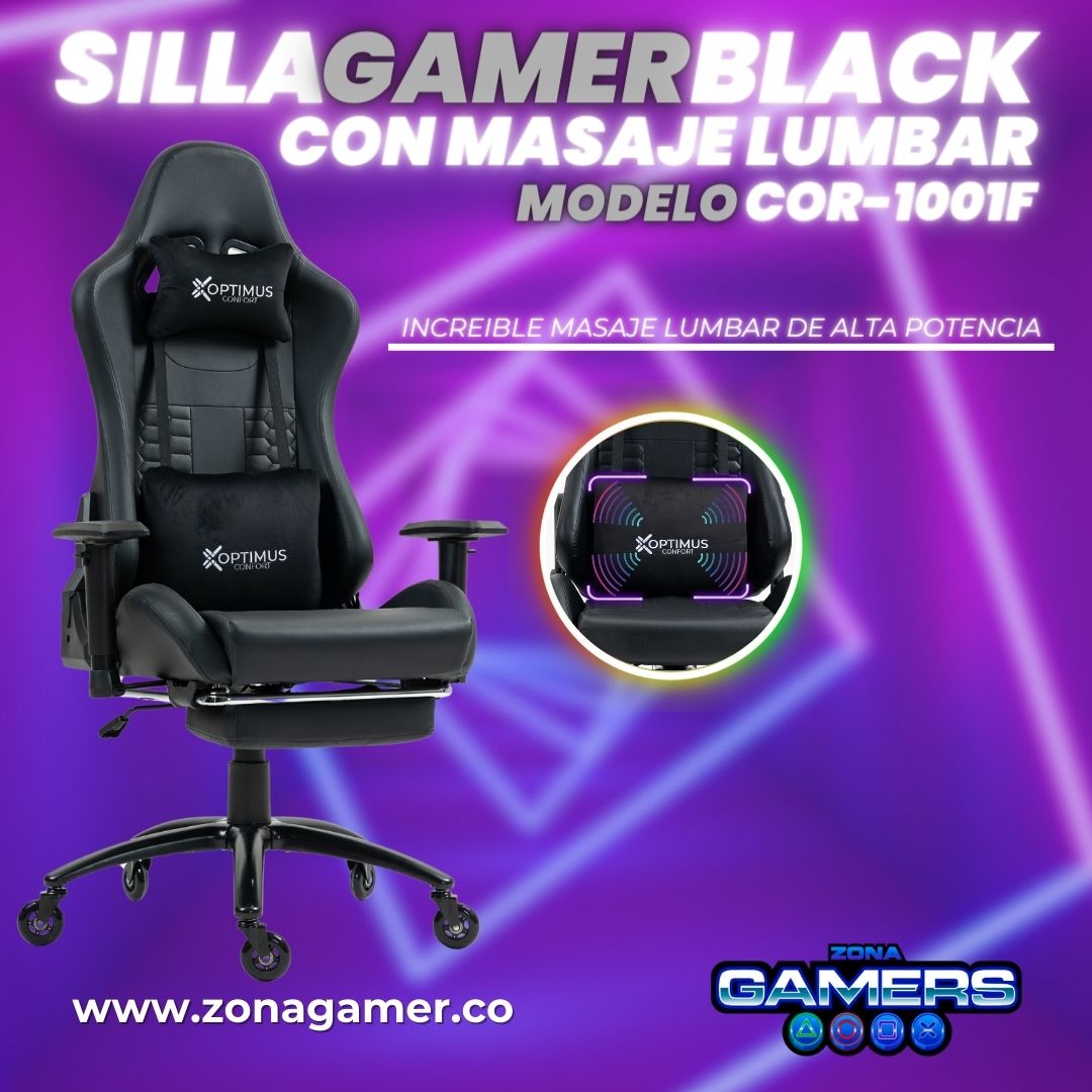 Silla Gamer COR-1001F Black con masajeador lumbar y reposapiés incluido