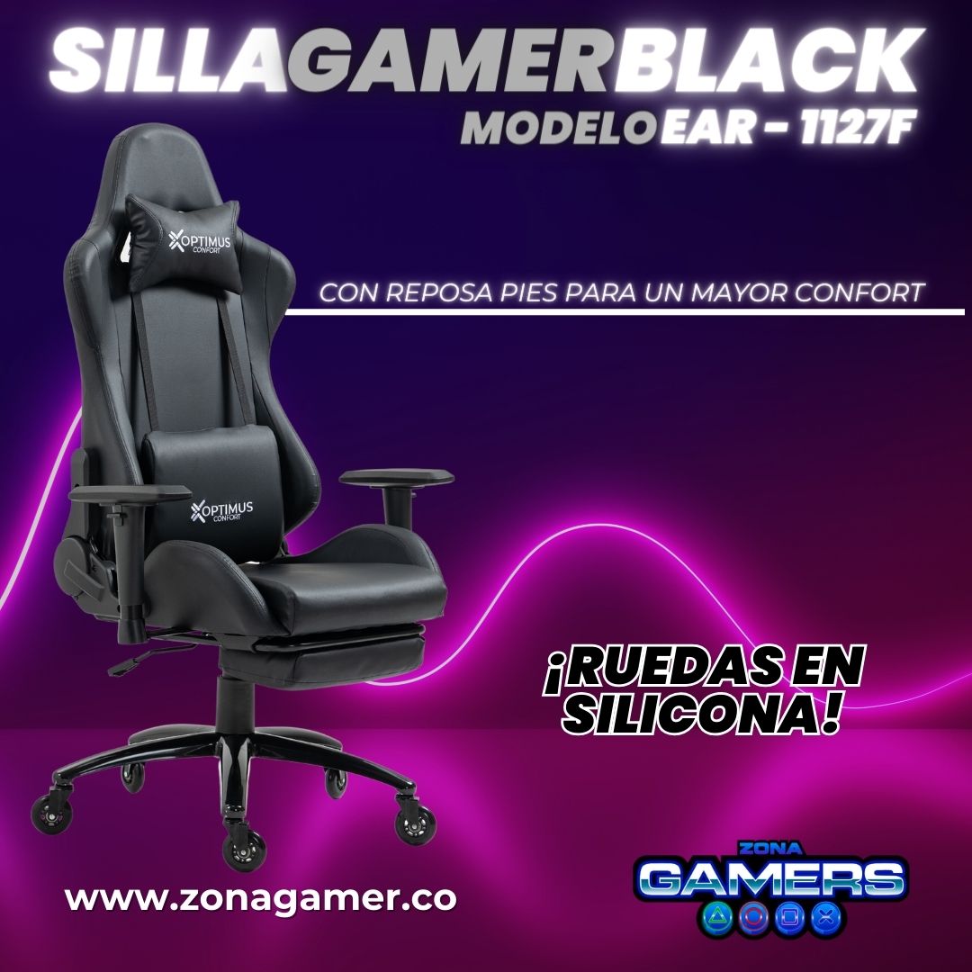 Silla gamer EAR-1127F Black + reposapies y ruedas en silicona