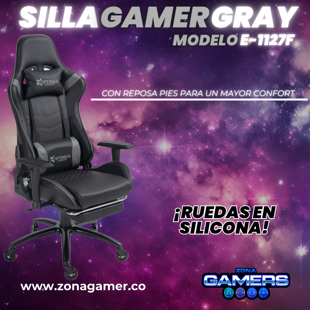 Silla gamer E-1127F Gray + reposapiés y ruedas en silicona