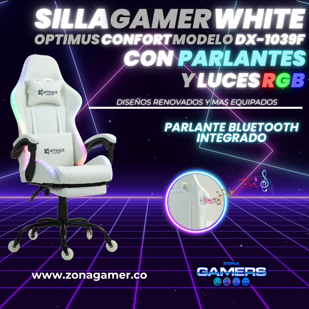 Silla gamer DX-1039F White con luces RGB + Parlantes + reposapiés y ruedas en silicona